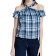 thumbnail image 1 of Max Studio London Womens Plaid Ruffle-Trim Halter Blouse Top, Blue, Large, 1 of 3