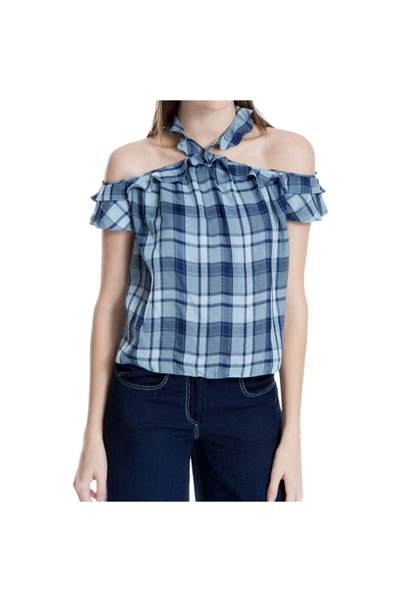 London Womens Plaid Ruffle-Trim Halter Blouse Top, Blue, Medium