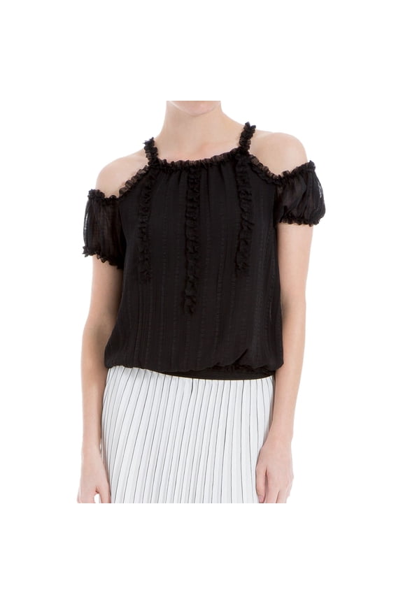 London Womens Ruffled Cold Shoulder Knit Blouse, Black, Small