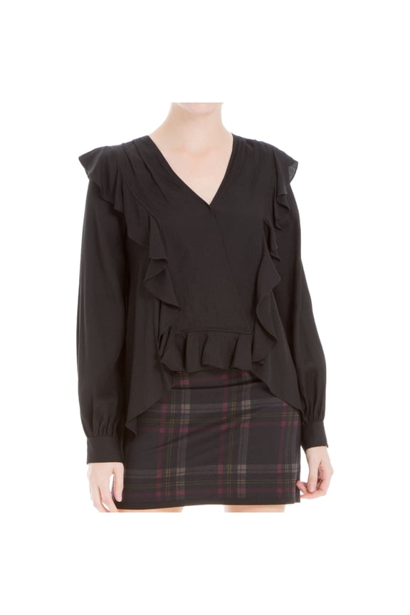 London Womens Ruffled Knit Blouse, Black, Medium