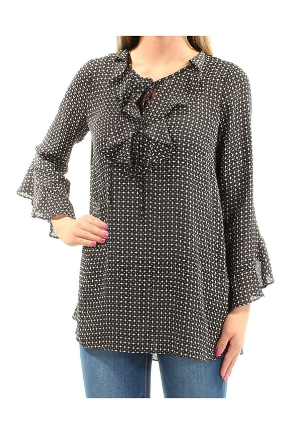 London Womens Ruffled Knit Blouse, Black, X-Small