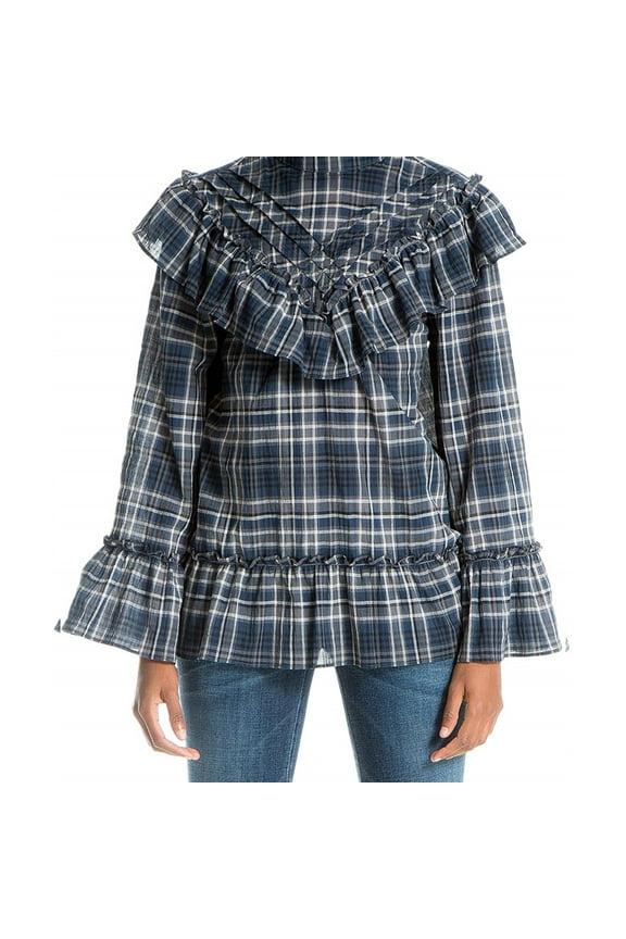 London Womens Ruffled Knit Blouse, Blue, Medium