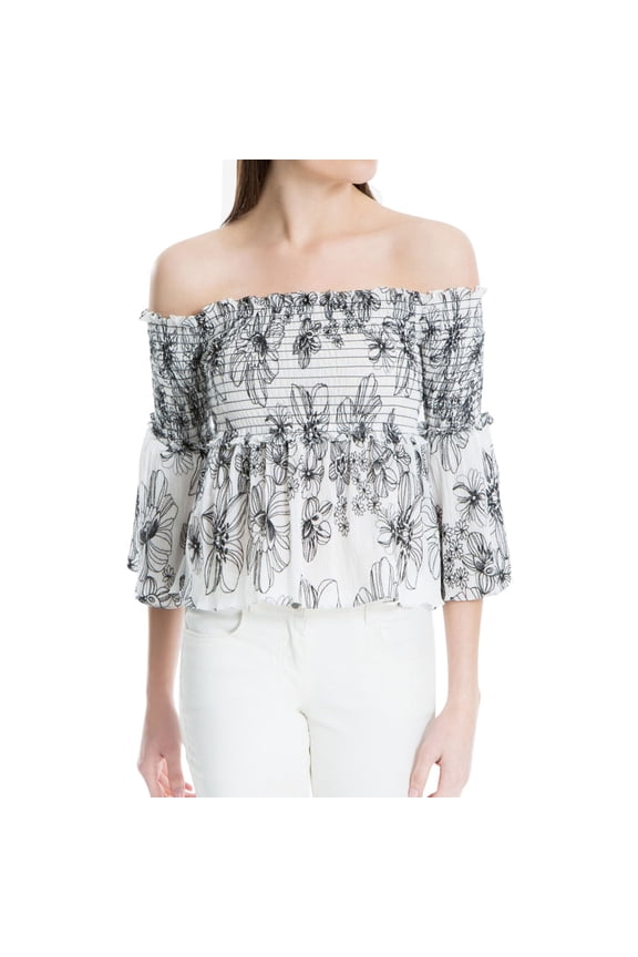 London Womens Smocked Knit Blouse, White, X-Small