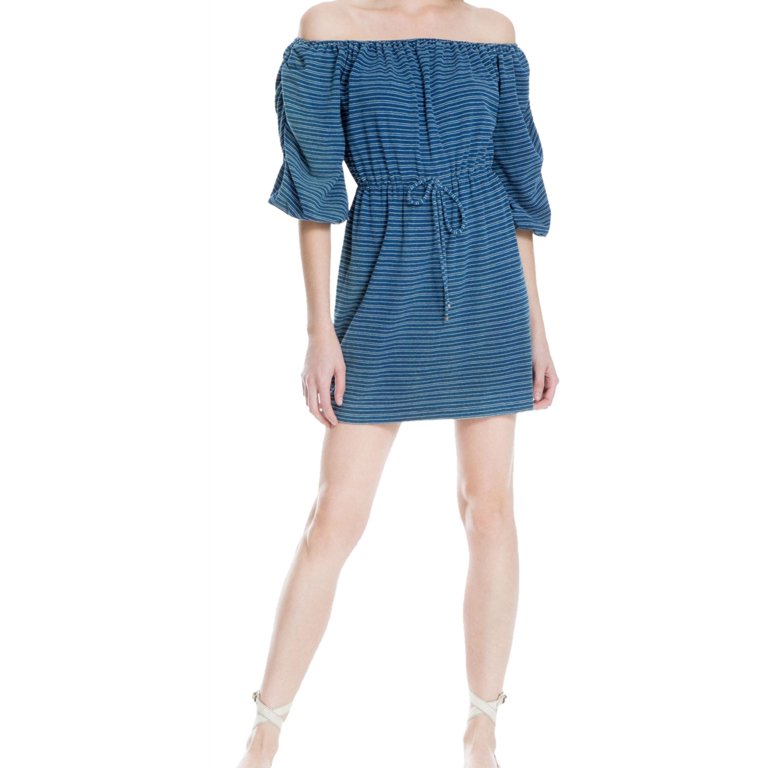 blue striped off shoulder dress Blue Striped Ruffled Midi Dress With Slit main image 0
