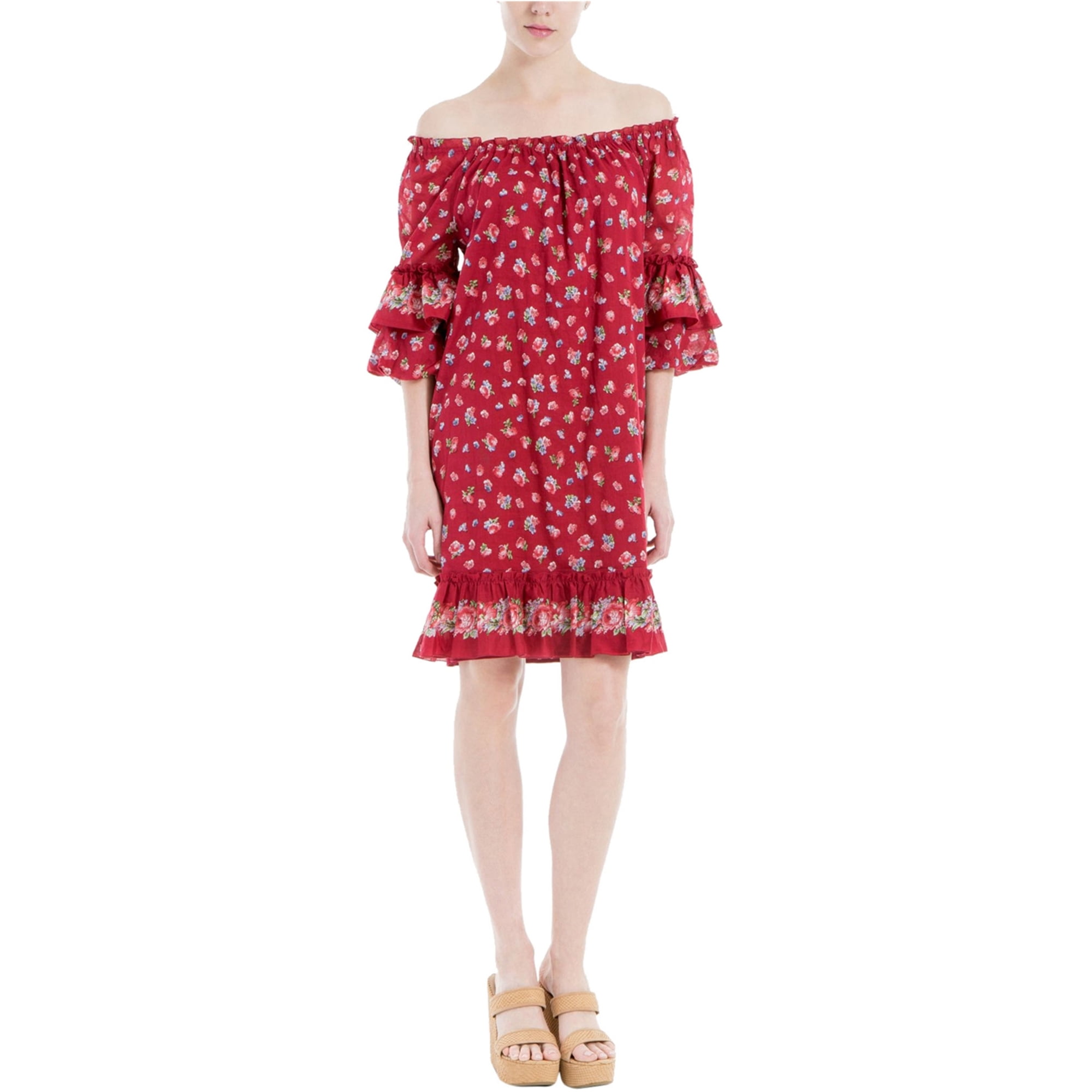 fitted lace wedding dress Max Studio Womens Floral Print Off-The-Shoulder Casual Dress Red XS at  Amazon Women's Clothing store main image 1
