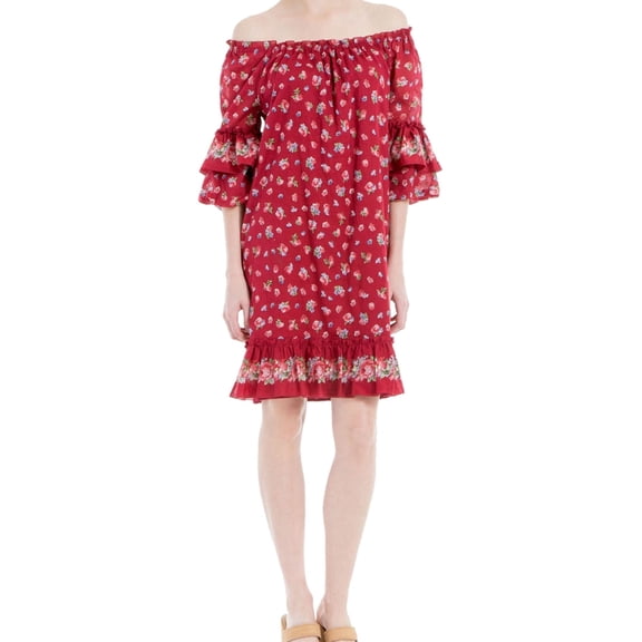 Max Studio London Womens Textured Ruffle Flowers Sheath Dress, Red, X-Small