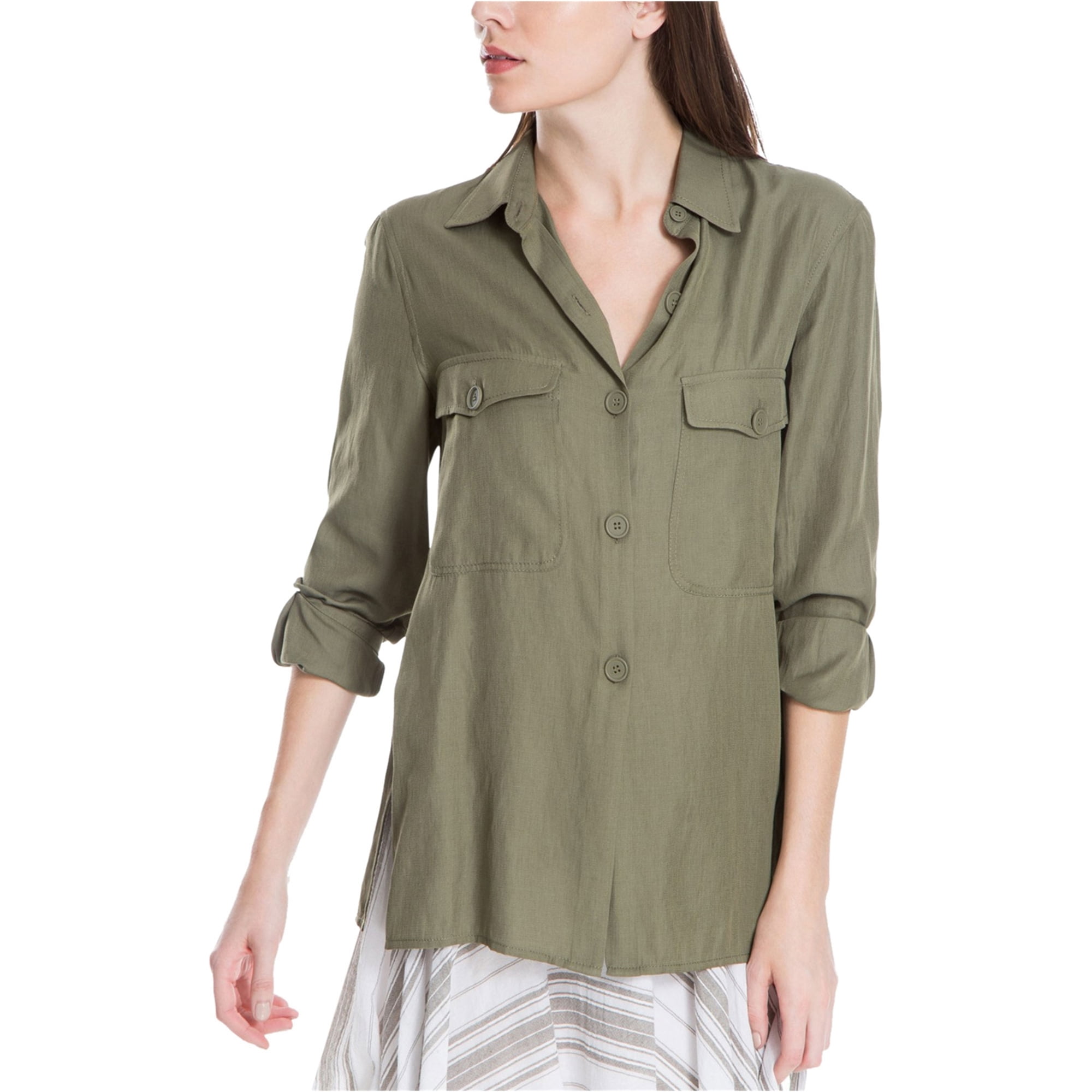 Max Studio London Womens Utility Button Up Shirt, Green Max Studio London Womens Utility Button Up Shirt, Green