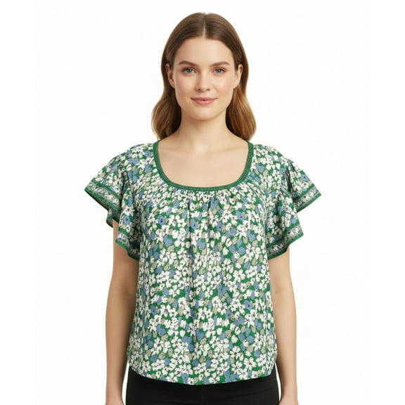 Max Studio Ruffle Floral Scoop Neck Top