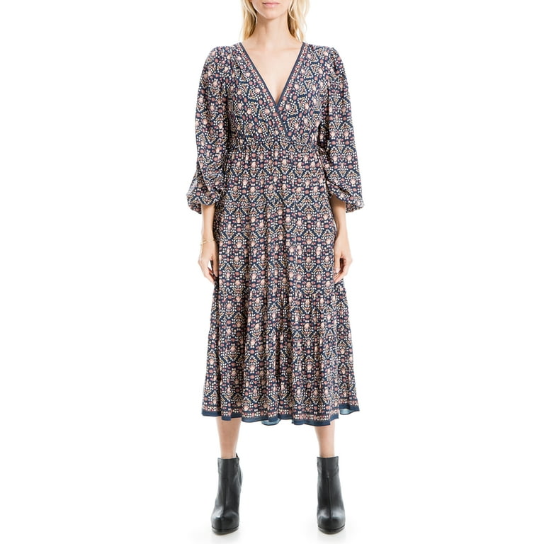 Max Studio Women s 3 4 Sleeve V Neck Midi Dress Walmart