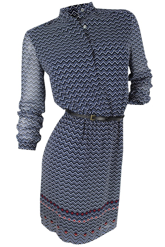 Women's Blue Black White Zigzag Print Shirtwaist Dress