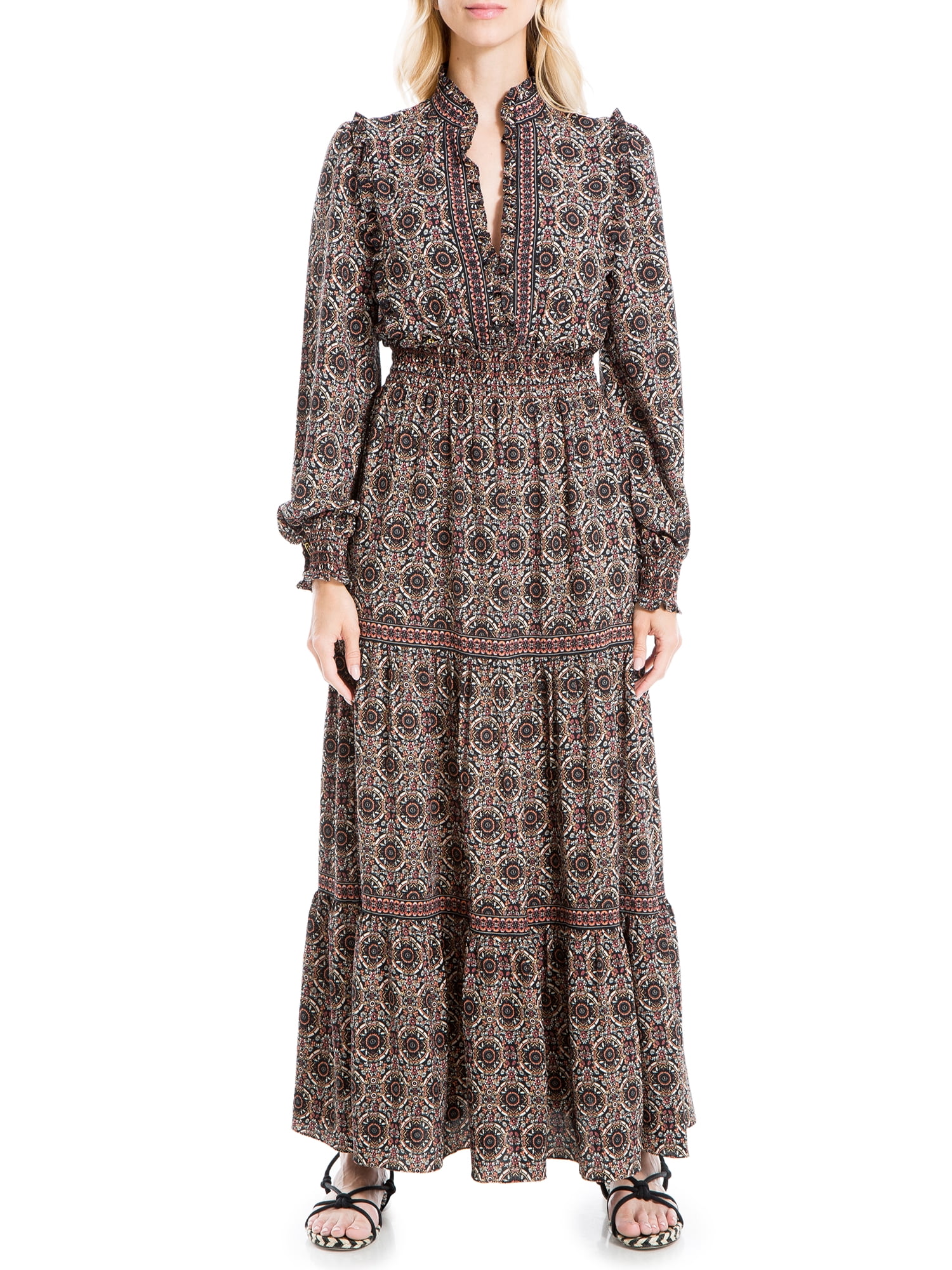 Max Studio Women s Crepe Long Sleeve Smocked Cuff Tiered Maxi