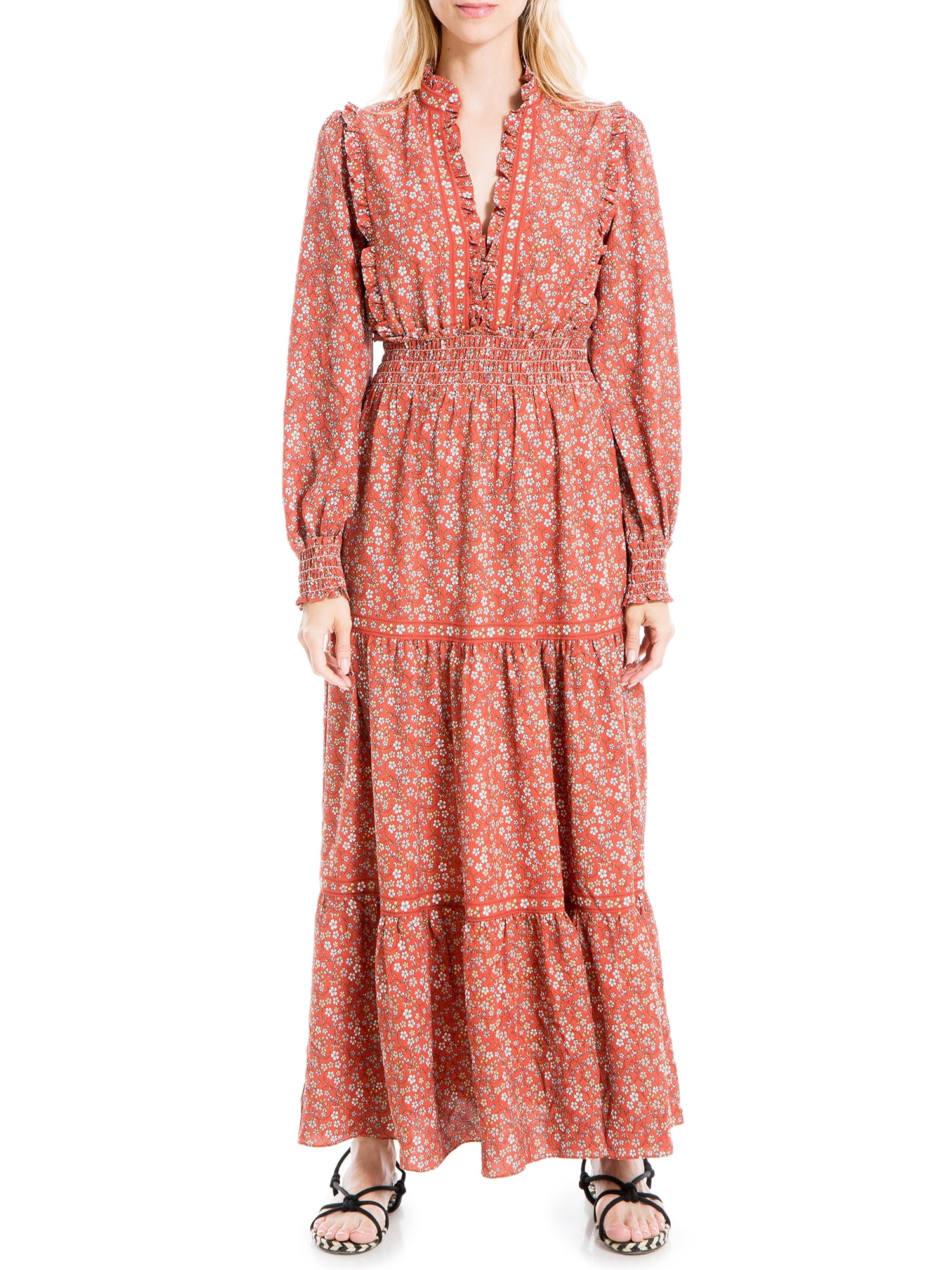 Max Studio Women s Crepe Long Sleeve Smocked Cuff Tiered Maxi