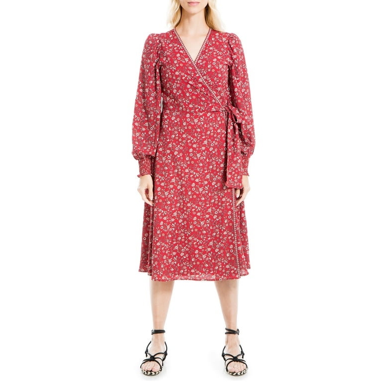 Max Studio Women s Long Sleeve Smocked Cuff Wrap Midi Dress Walmart