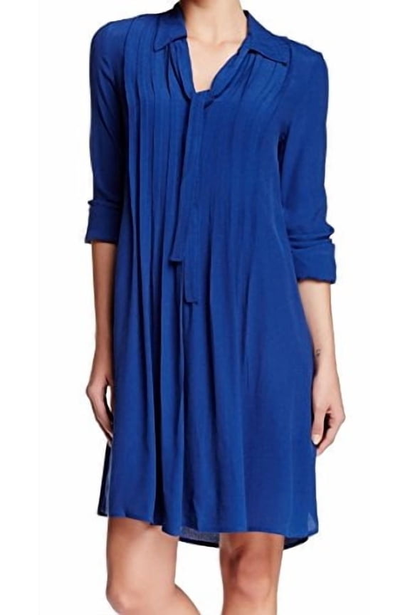 Women's Small Tie-Neck Seamed Shirt Dress Blue S