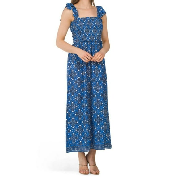 Max Studio Women's Tie Strap Smocked Bodice Floral Print Maxi Dress-Blue / S