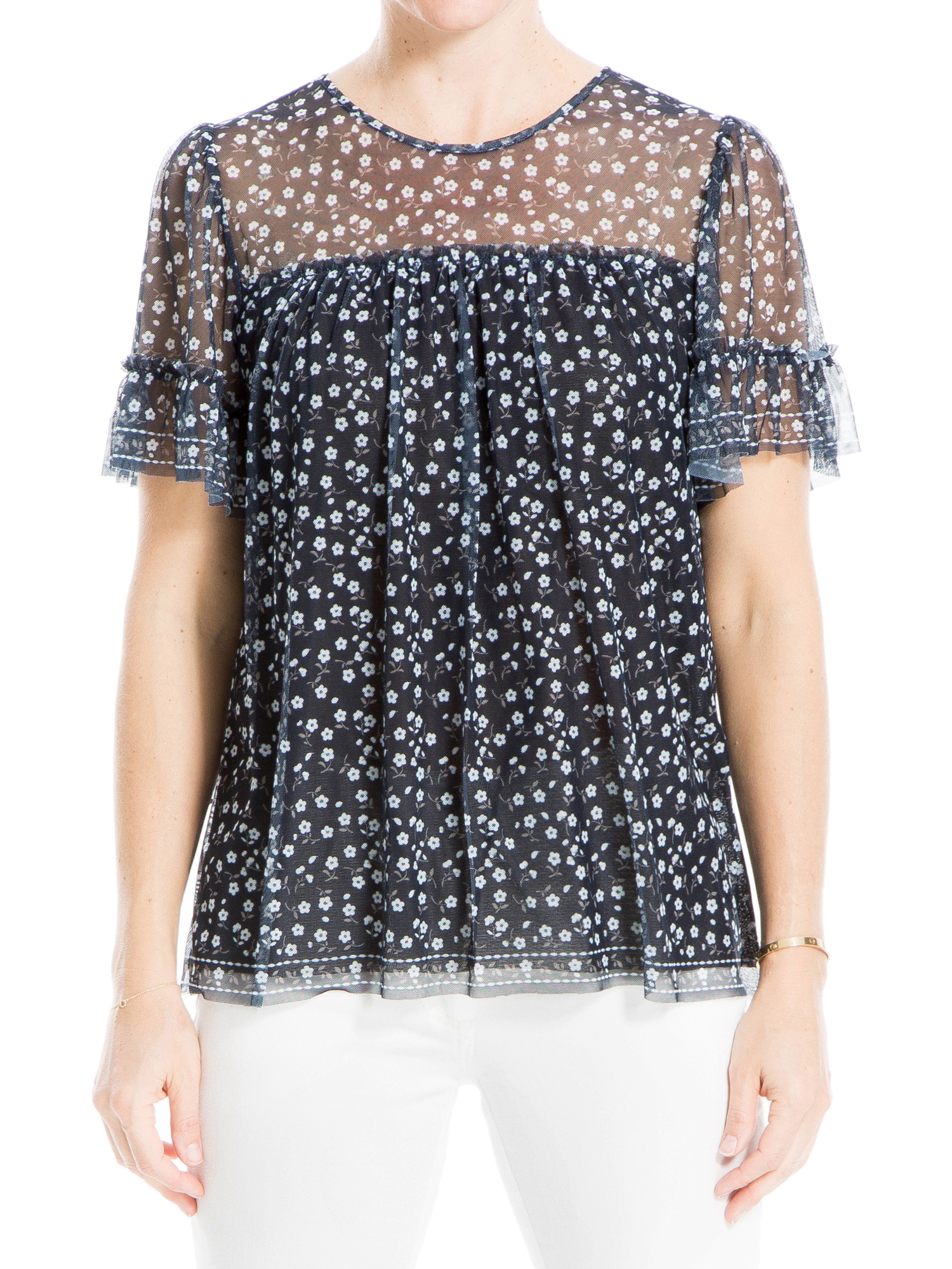 Max Studio Womens Knit Mesh Short Sleeve Top