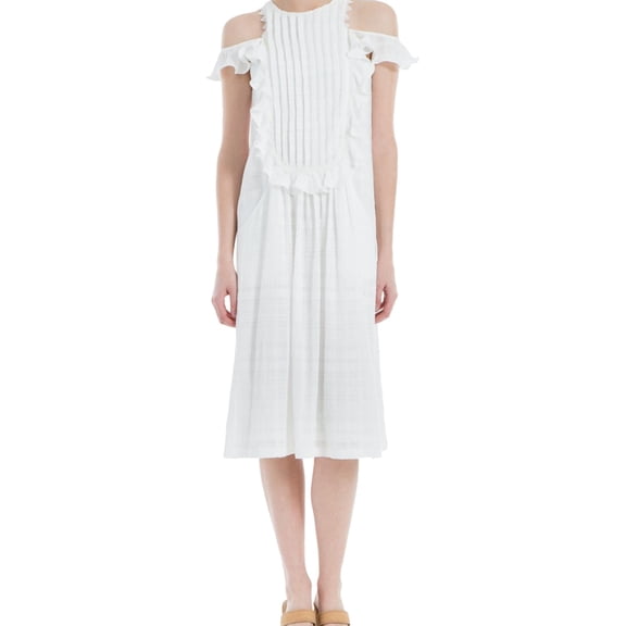 Max Studio London Womens Pleated Cold-Shoulder Fit & Flare Dress, White, Small