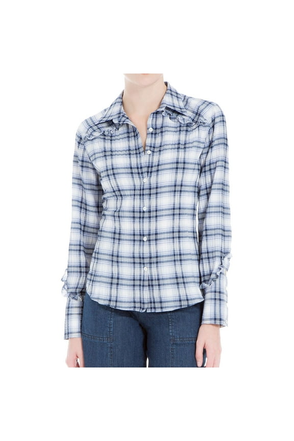 Womens Plaid Long Sleeves Casual Top Blue M
