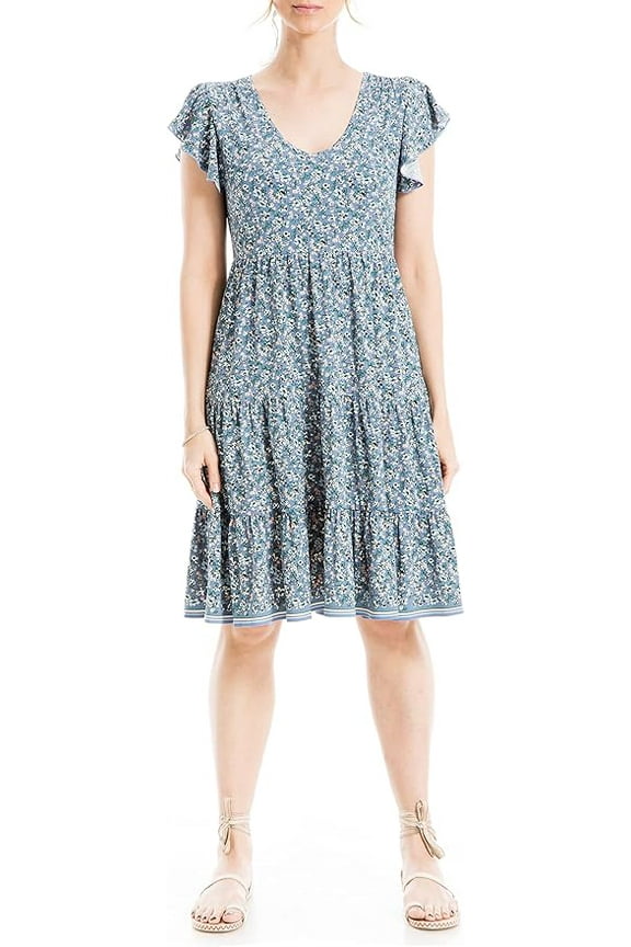 Womens Print Cinched V Neck Cap Sleeve Dress Medium Navy multi