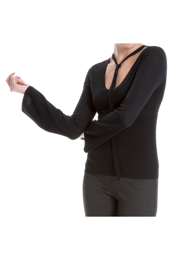 Womens Black Ribbed Tie-neck Long Sleeve Scoop Neck Sweater  Size: S