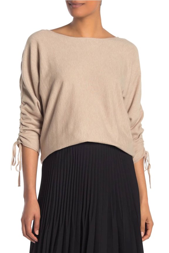 Womens Ruche Sleeve Knit Sweater Medium Wheat - NWT $98