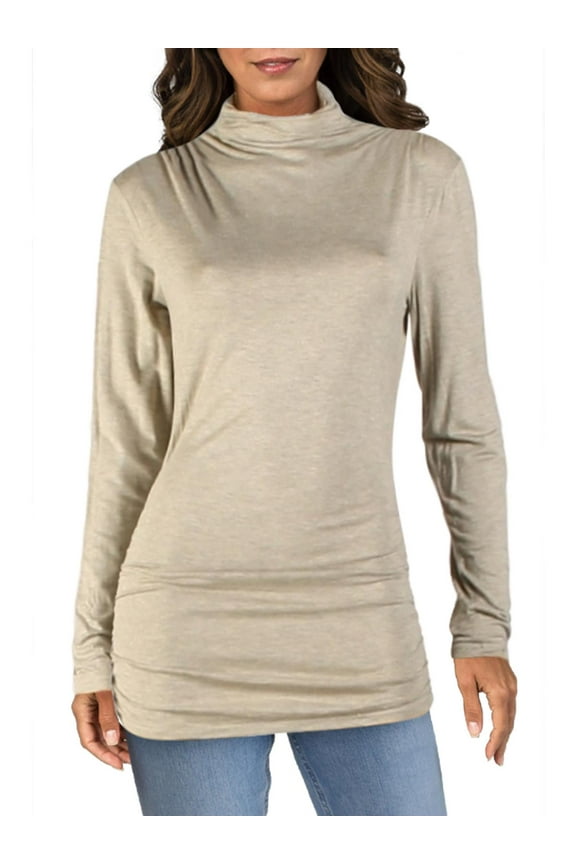 Womens Ruched Turtleneck Pullover Top Beige XS