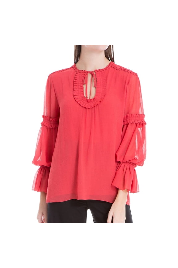 Womens Seraphine Trumpet Sleeves Sheer Peasant Top Red S
