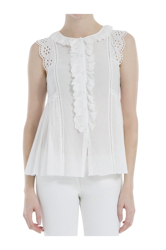 Womens Sheer Lace Trim Button-Down Top