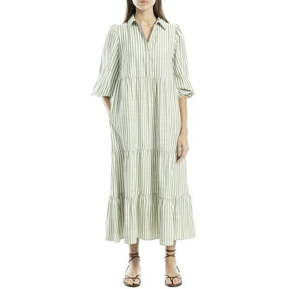 Max Studio womens 3/4 Sleeve Collar Button Front Tier Midi Dress, l, White
