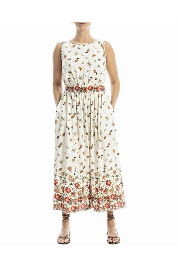 womens Boat Neck Linen-Blend Maxi Dress, xs, White