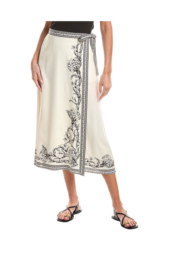 womens Border Linen-Blend Wrap Skirt, xs, Ivory