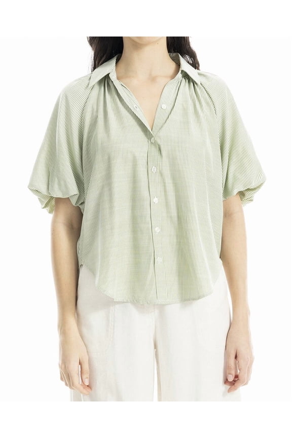 womens Bubble Sleeve Button Front Shirt, s, Green