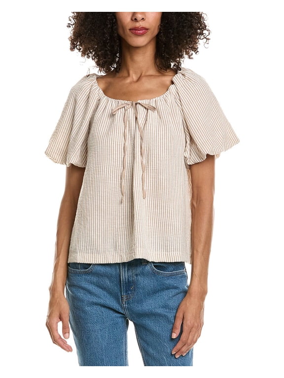 womens Bubble Sleeve Tie Front Blouse, xs, White