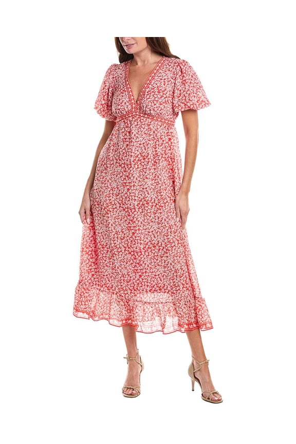 womens  Bubble Sleeve V-Neck Empire Waist Midi Dress, m, Red