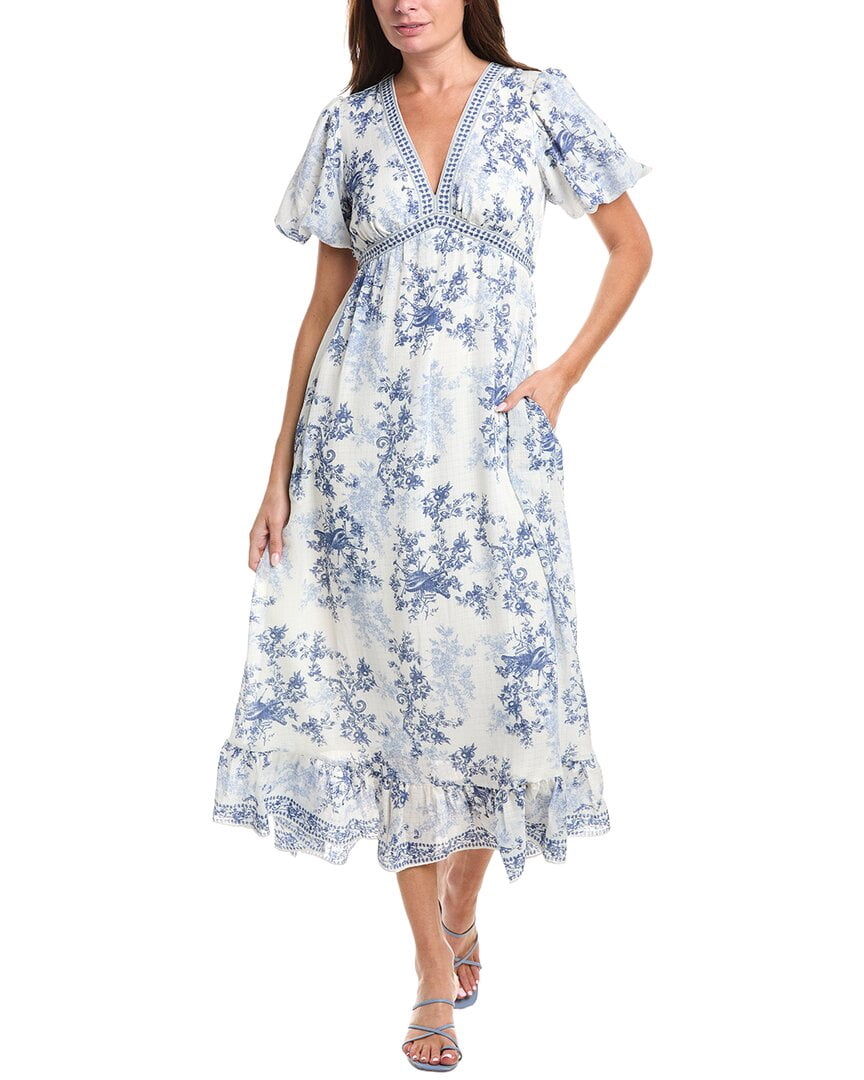 max studio v-neck empire waist dress Max Studio womens Bubble Sleeve V-Neck Empire Waist Midi Dress, xs, Blue