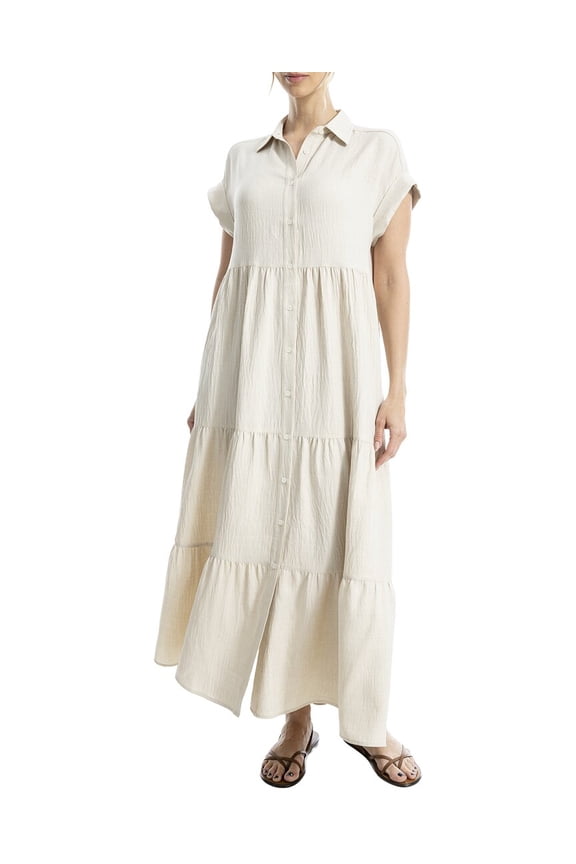 womens  Button-Front Tiered Maxi Shirt Dress, l, Beige