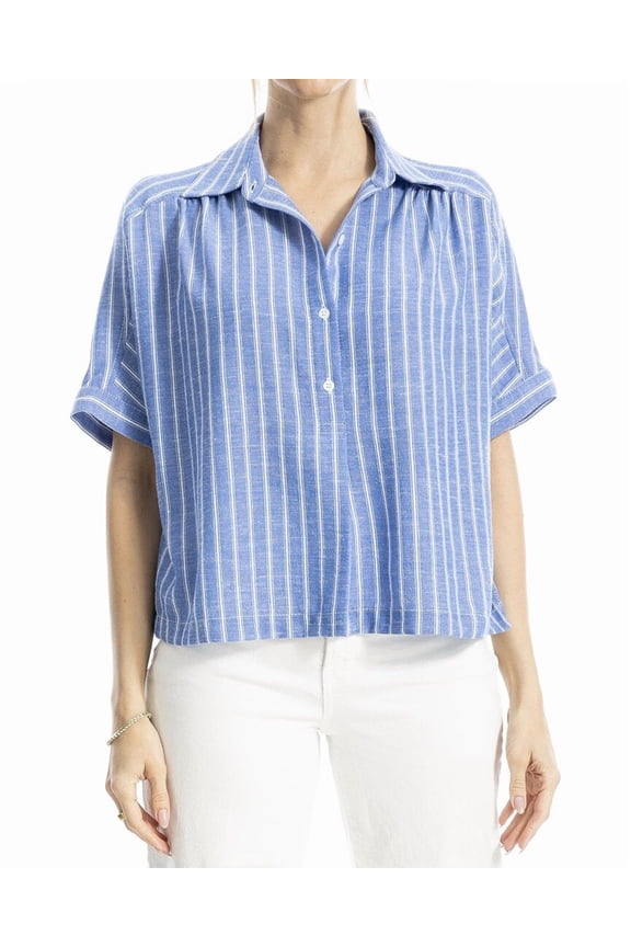 womens  Collared Button-Front Blouse, m, Blue