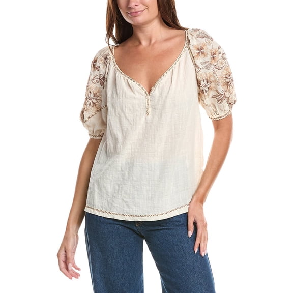 Max Studio womens  Elbow Sleeve Embroidered V-Neck Top, l, White