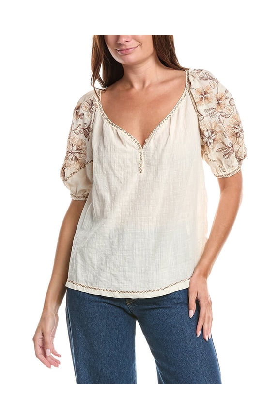 womens  Elbow Sleeve Embroidered V-Neck Top, xs, White