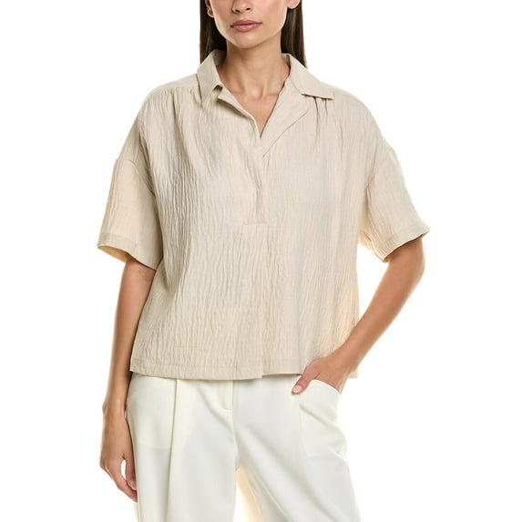 Max Studio womens Elbow Sleeve Half Placket Collared Shirt, s, Beige
