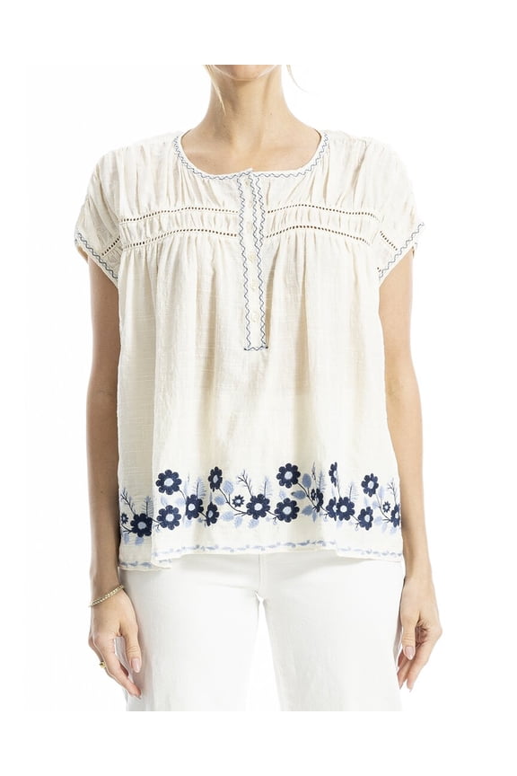 womens Embroidered Cap Sleeve Notch Neck Top, s, White
