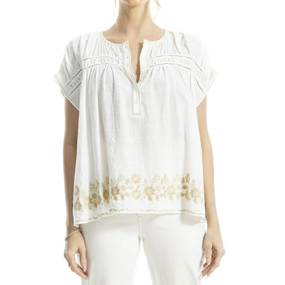 Max Studio womens Embroidered Cap Sleeve Notch Neck Top, s