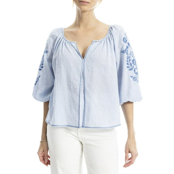 Max Studio womens  Embroidered V-Neck Ballon Sleeve Blouse, xs, Blue