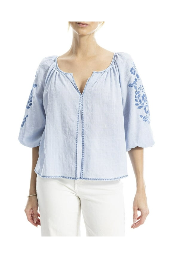 womens  Embroidered V-Neck Ballon Sleeve Blouse, xs, Blue