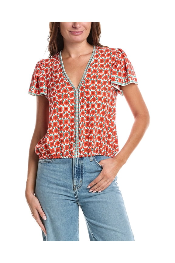 womens Flutter Sleeve Bubble Hem Blouse, s, Orange