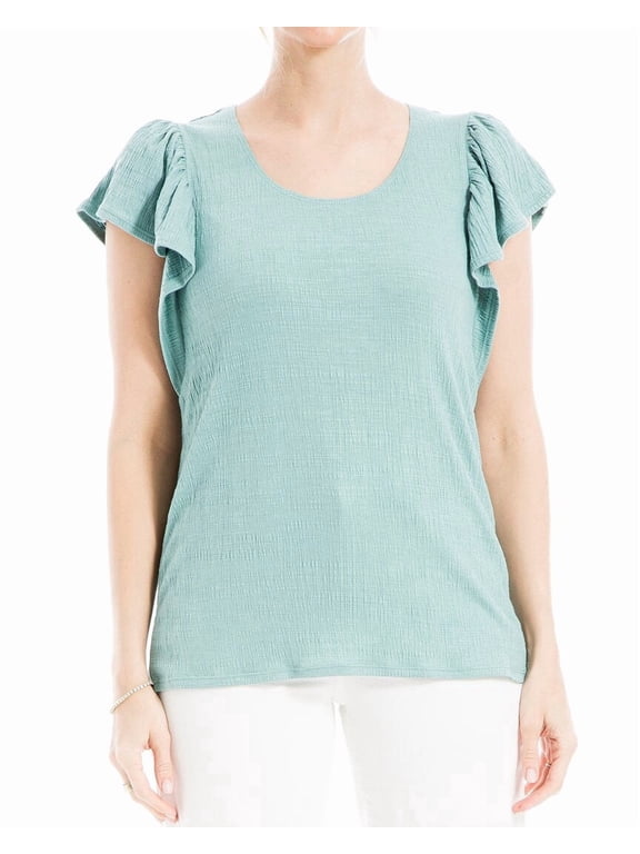 womens Flutter Sleeve Crinkle Jersey Top, l, Blue