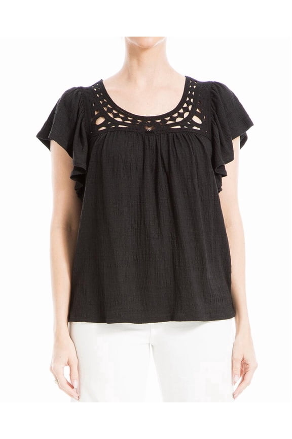 womens Flutter Sleeve Embroidered Top, m, Black