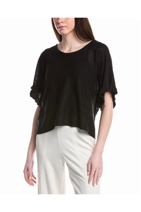 womens Flutter Sleeve Linen-Blend Top, s, Black