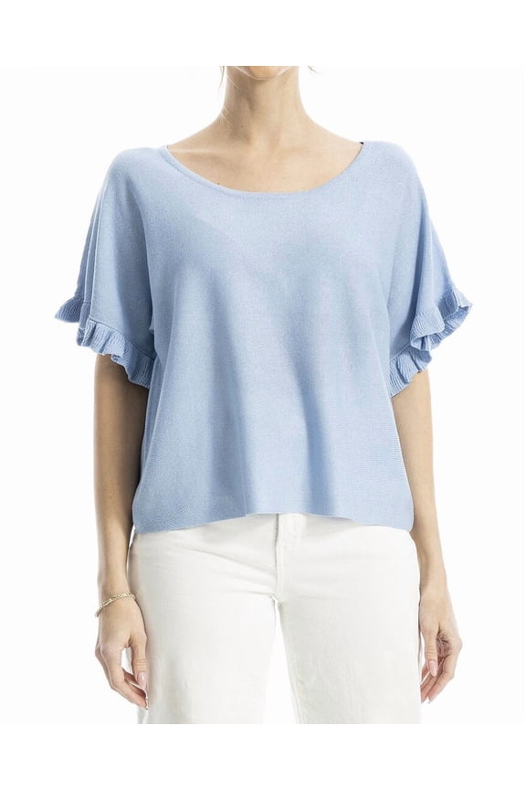 womens Flutter Sleeve Linen-Blend Top, xs, Blue