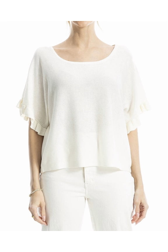 womens Flutter Sleeve Linen-Blend Top, xs, White